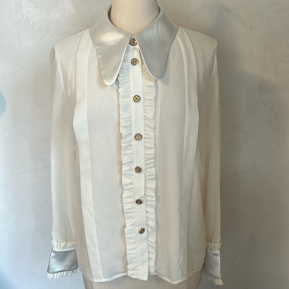 Edward Achour Paris Ivory Blouse w/oversized collar & cuff ruffle detail Size 12